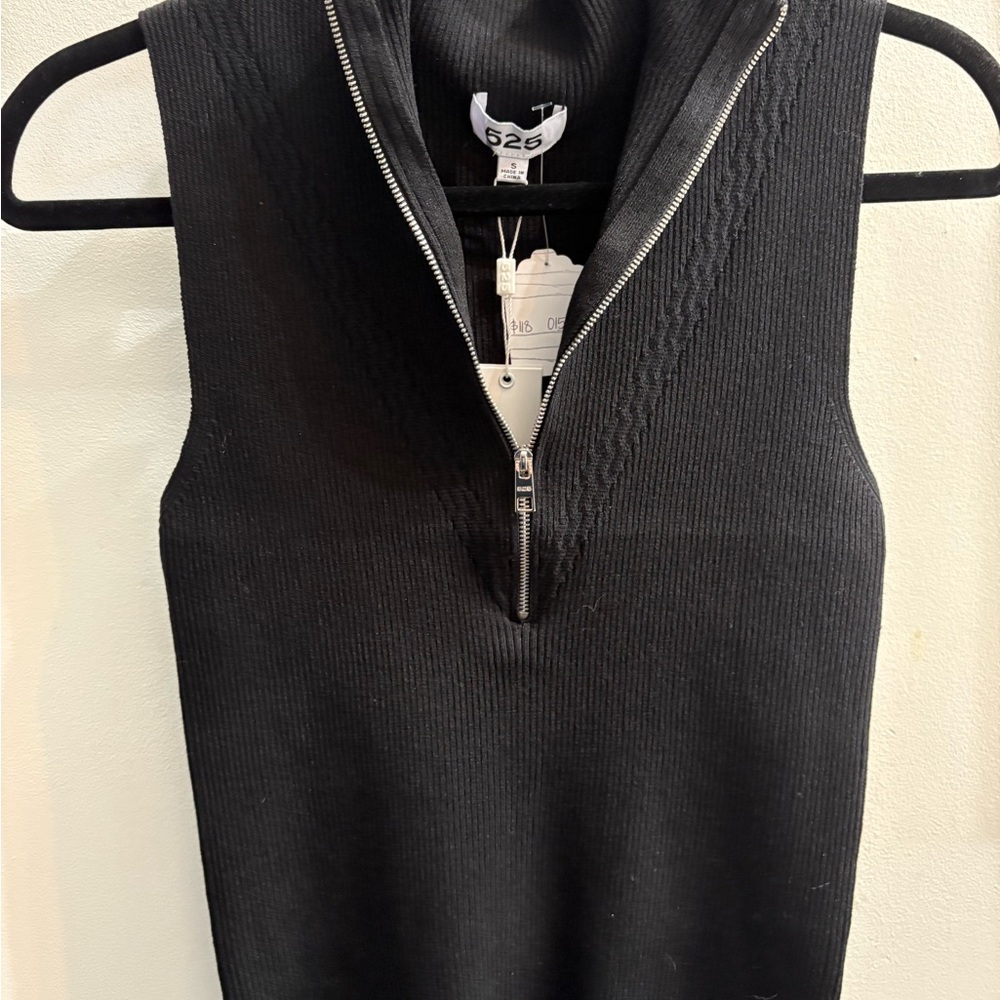 525 America Black Fitted Ribbed Tank Top with Polo Collar